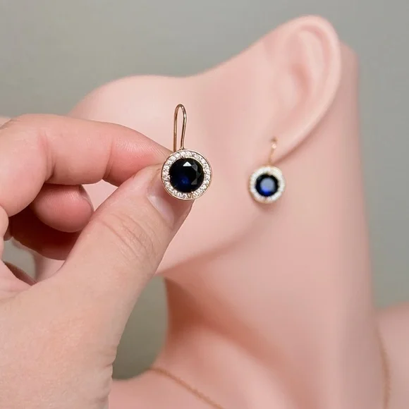 ⚜️ Elegant Gold Earrings With Blue and Clear Zirconia 💎 - Picture 4 of 11